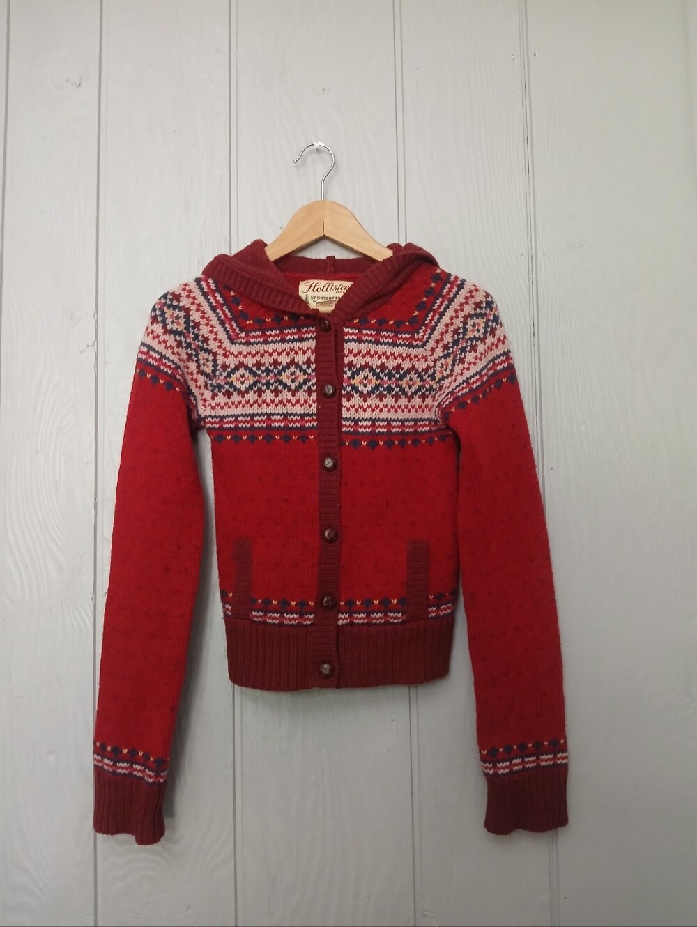 Vintage Y2k Hollister Red Fair Isle Hooded Button Down Lambs Wool Cardigan M